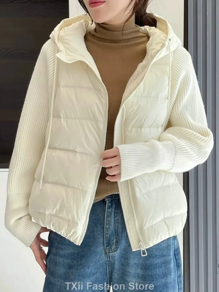 TXii Fashion Women Knit Stitcing Hooded Down Coat Fashion 2023 Autumn Winter Female Long Sleeve Drawstring Zipper Jacket