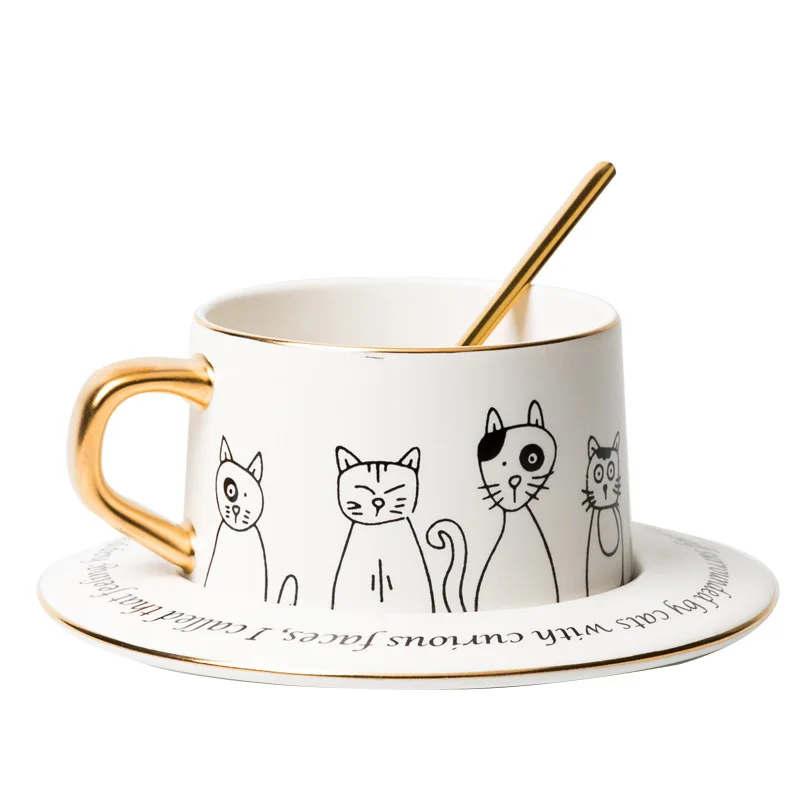 Creative Cat Coffee Cup Set Ceramic Cup With Dish Milk Water Mug Breakfast Mugs Office hand-brewed coffee cup Drinkware