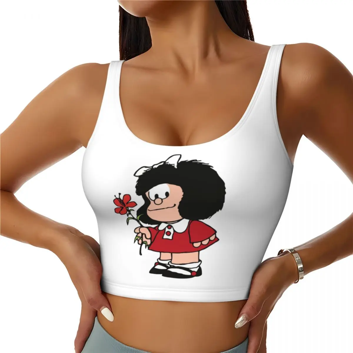 Custom Kawaii Mafalda With Flowers Sports Bra Women's Quino Comic Cartoon High Impact Workout Yoga Crop Top