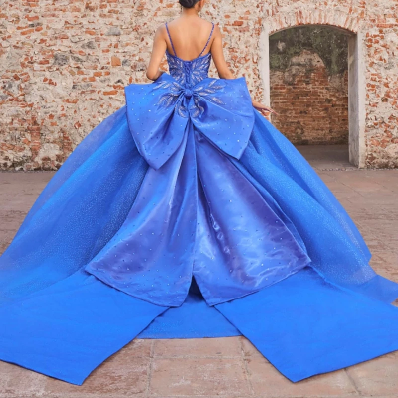 Vestidos De quinceañera brillantes azul real, vestido De baile con tirantes finos, encaje con cuentas, lazo De cristal, Tull, dulce 16, Vestidos De 15 De Anos