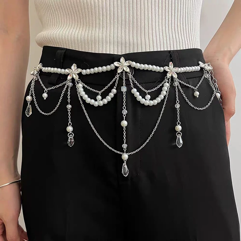 

Модный многослойный пояс-цепочка с жемчугом Y2K в стиле ретро для женщин - стильные украшения для тела, аксессуары для вечеринок и повседневной носки