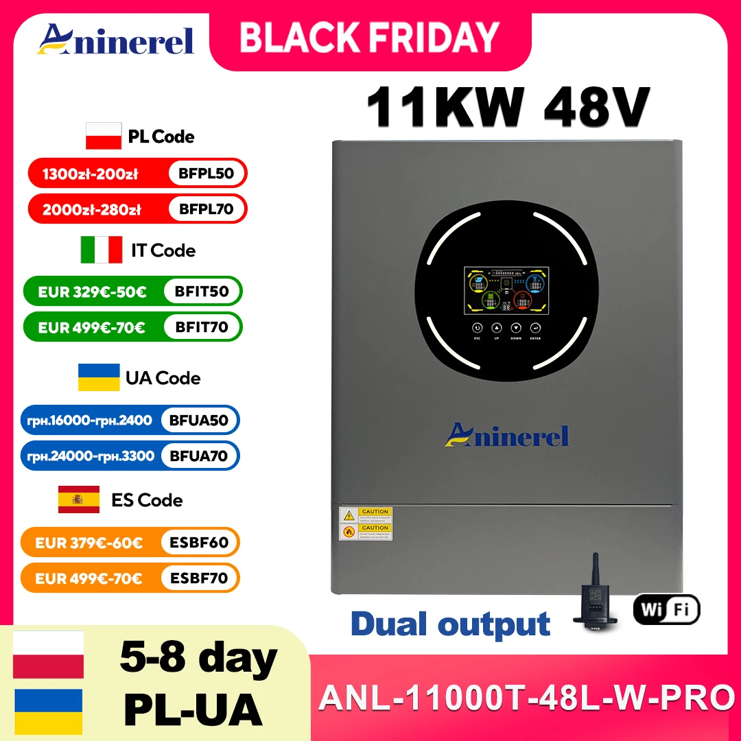 

Aninerel 11KW 48V Hybrid Solar Inverter Dual Output Dual input Solar controller Color LCD Display MPPT 160A PV 500VDC RS232/485