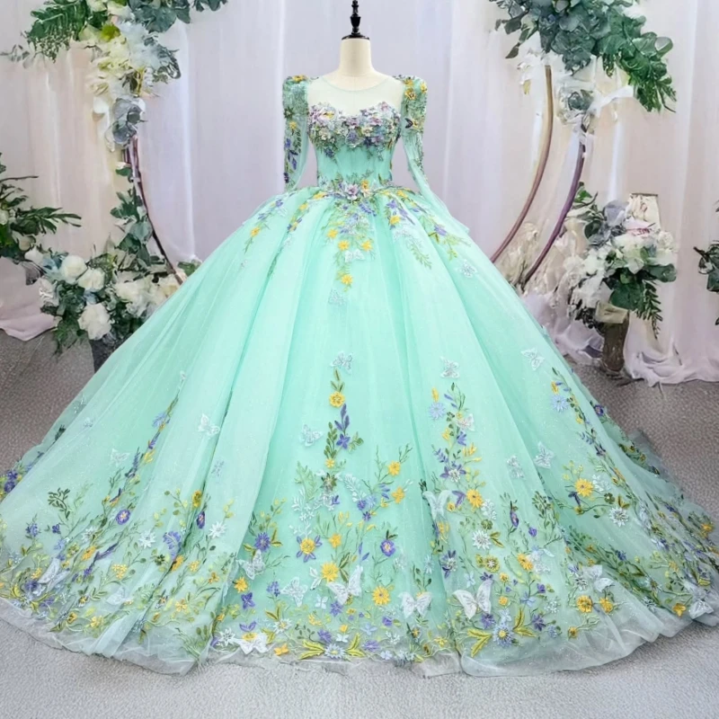 

Зеленые платья Quinceanera с открытыми плечами, аппликация с бантом, бисером, кристаллами, тюлем, длинными рукавами, корсет для вечеринки, дня рождения, милые 16 платьев