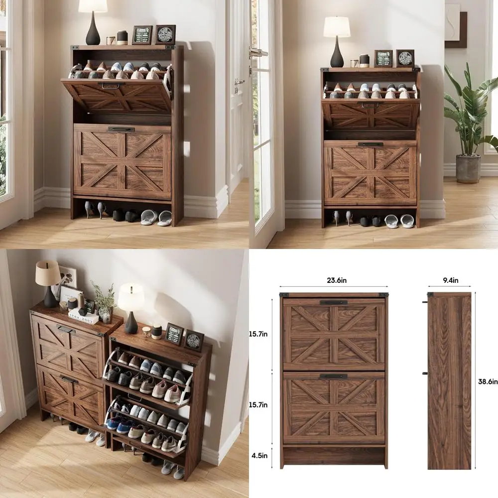 Gabinete de almacenamiento de zapatos delgado estilo granja - Estante organizador de entrada estrecha con 2 cajones para un almacenamiento eficiente de zapatos