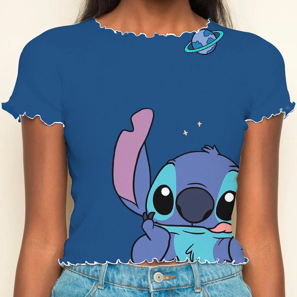 Crop Tops Sexys Woman Clothing Summer Clothes Women 2024 Stitch Disney Short Sleeve Lettuce Trim T-shirt Y2k T-shirts Top Disney