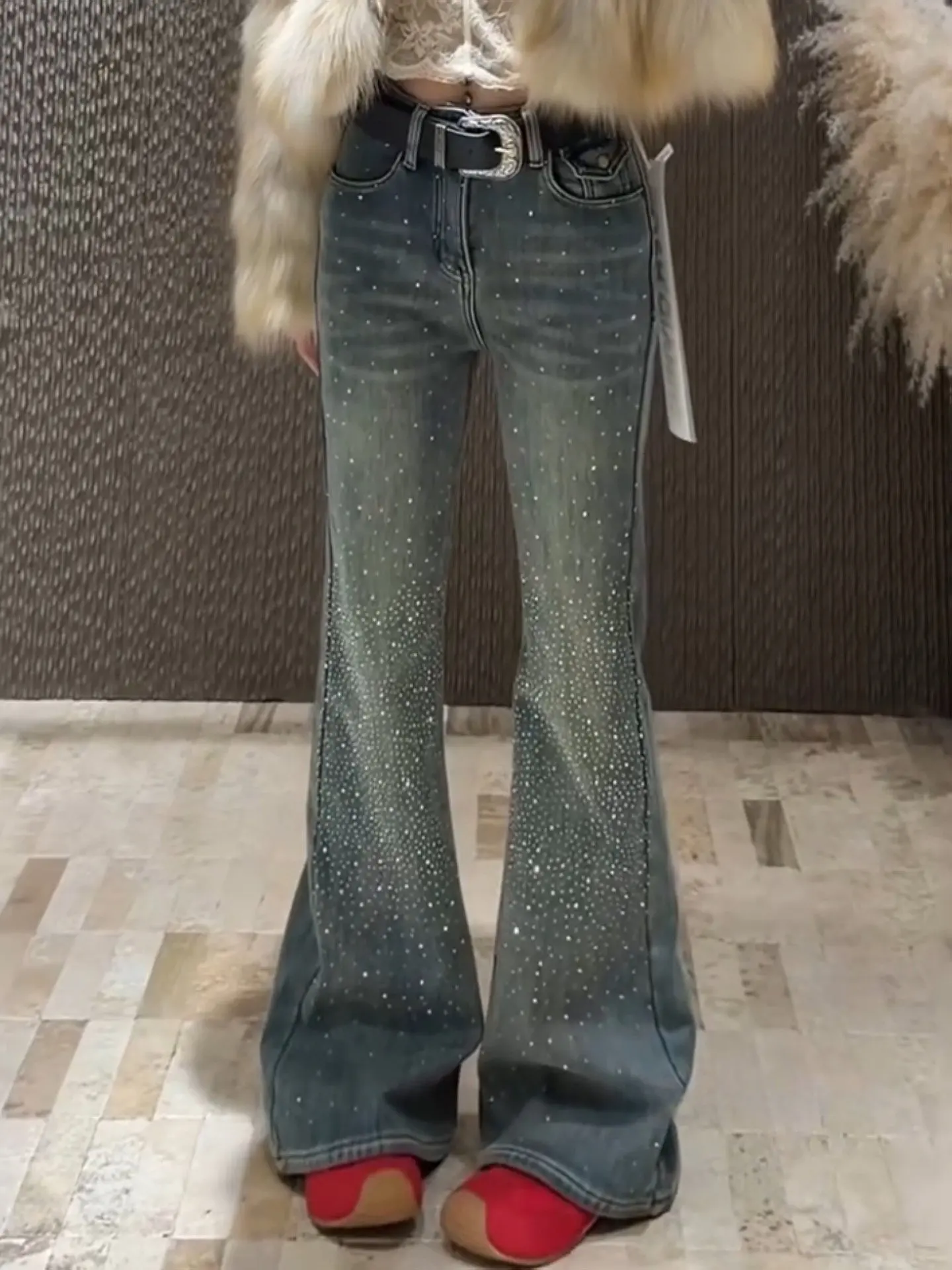 Women's Y2k Flared Jeans Harajuku Vintage Rhinestone Denim Trousers Japanese 2000s Style Jeans Long Pants Clothes