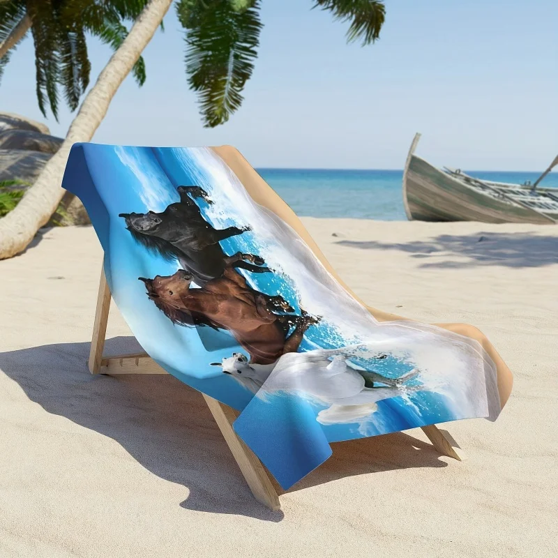 Serviette de plage en microfibre à séchage rapide, motif chevaux au galop et vague de mer réaliste, pour la plage et la natation, résistante au sable
