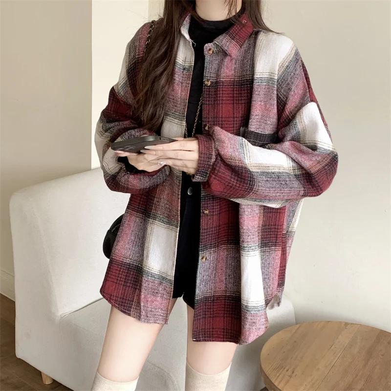 

Autumn Winter Thick Woolen Plaid Shirt Women Blouse Casual Loose Long Sleeved Tops Long Shirts Coats