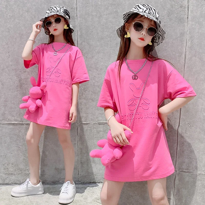 Dress Girls T-shirt Casual Cartoon Solid Summer New Short Sleeve Long T-shirt Loose Fashion Children\'s Clothing Mid-length Tops