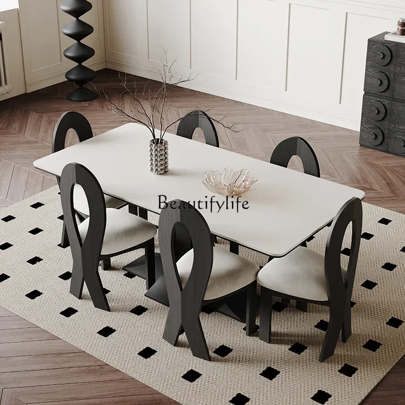 pg45Retro rock plate dining table light luxury high-end thickened full base plate minimalist dining table