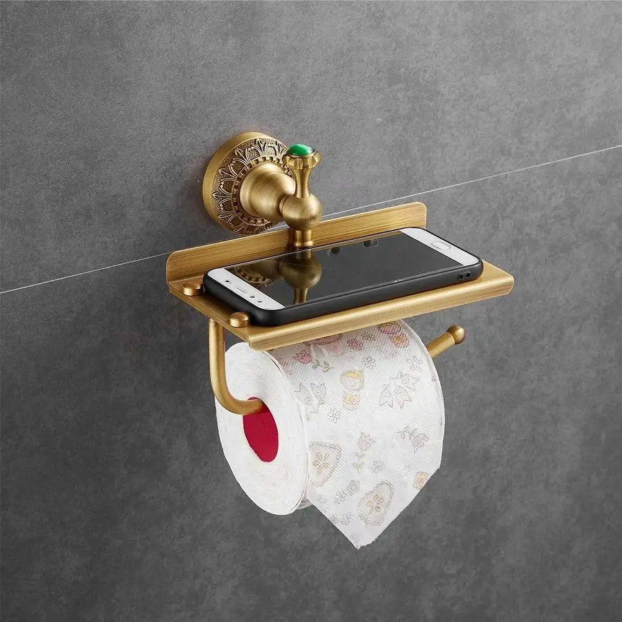 

Bathroom Tissue Toilet Paper Holder Solid Brass WallMounted Toilet Roll Holder with Mobile Phone Storage Shelf Antique Brass Fin