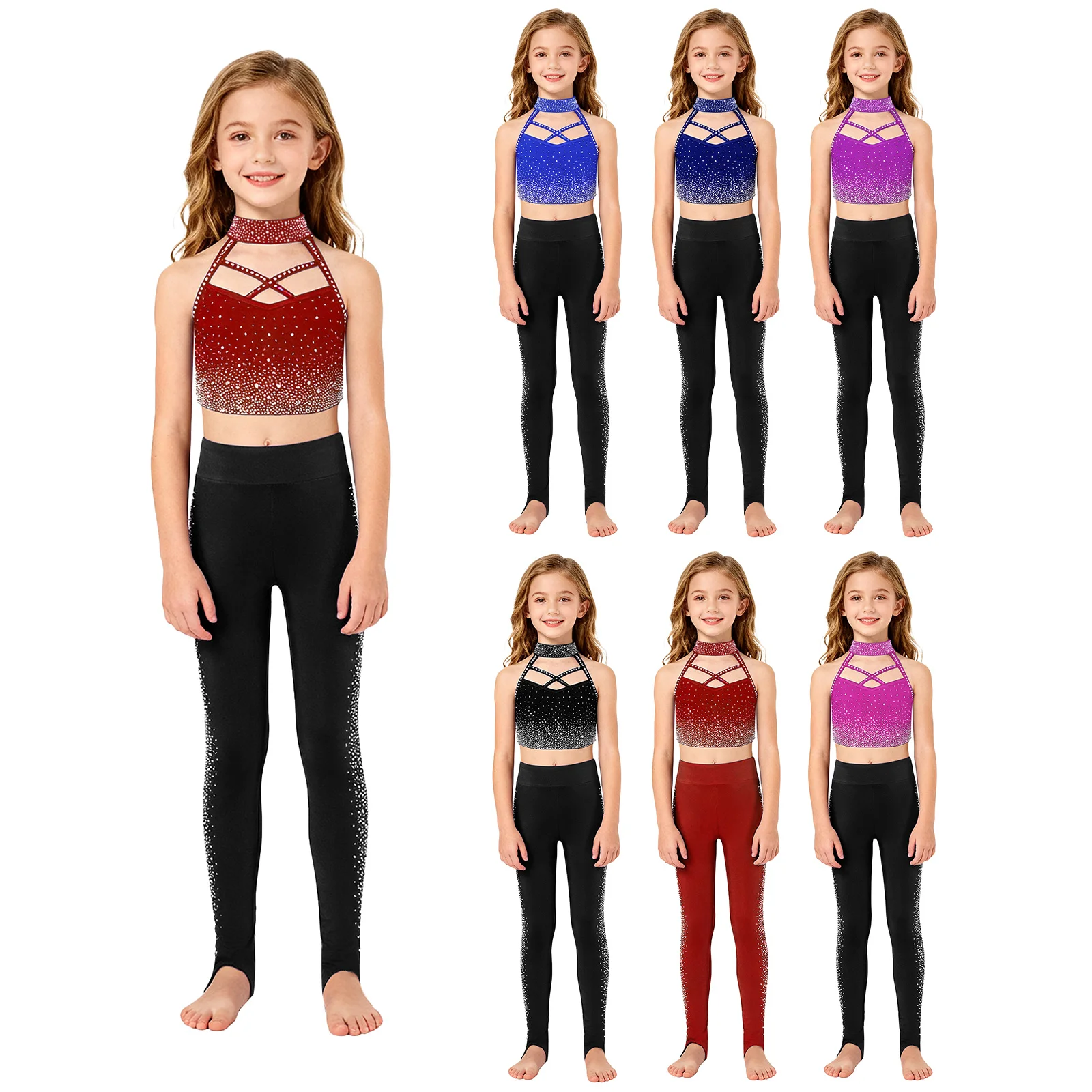 الفتيات سباركلي الراين الباليه الرقص الشكل التزلج الجمباز وتتسابق الرسن أكمام المحاصيل سترة مع طماق Dancewear #5