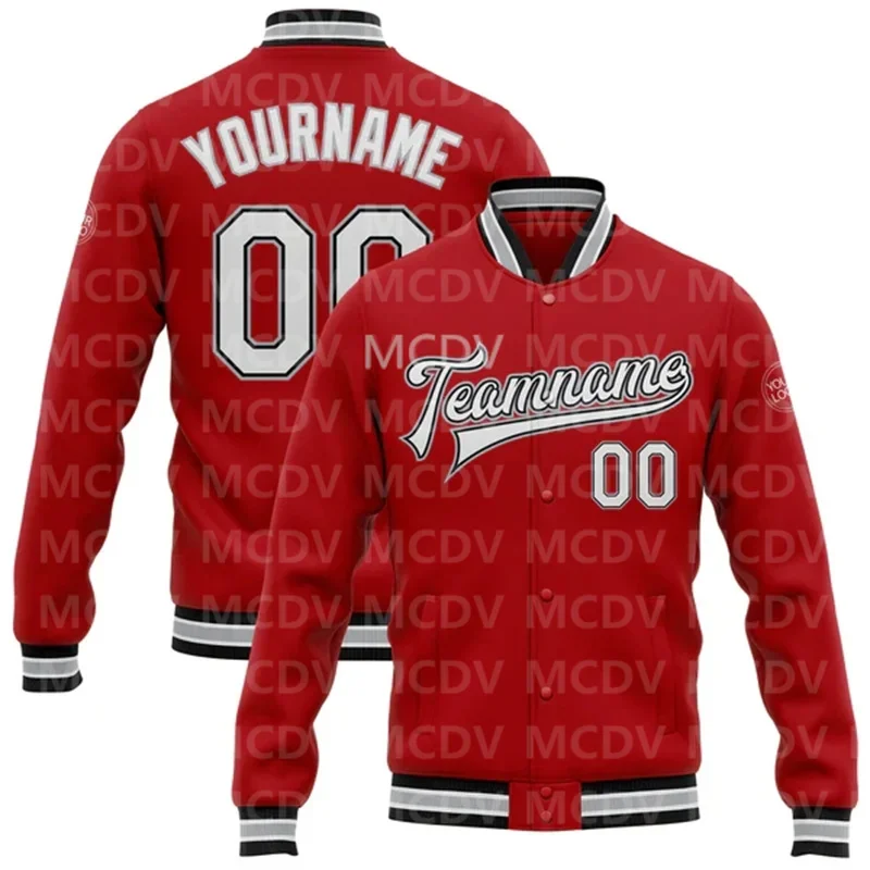 Custom Red White Black-Gray Bomber Full-Snap Varsity Letterman Jacket  Baseball Button Jacket