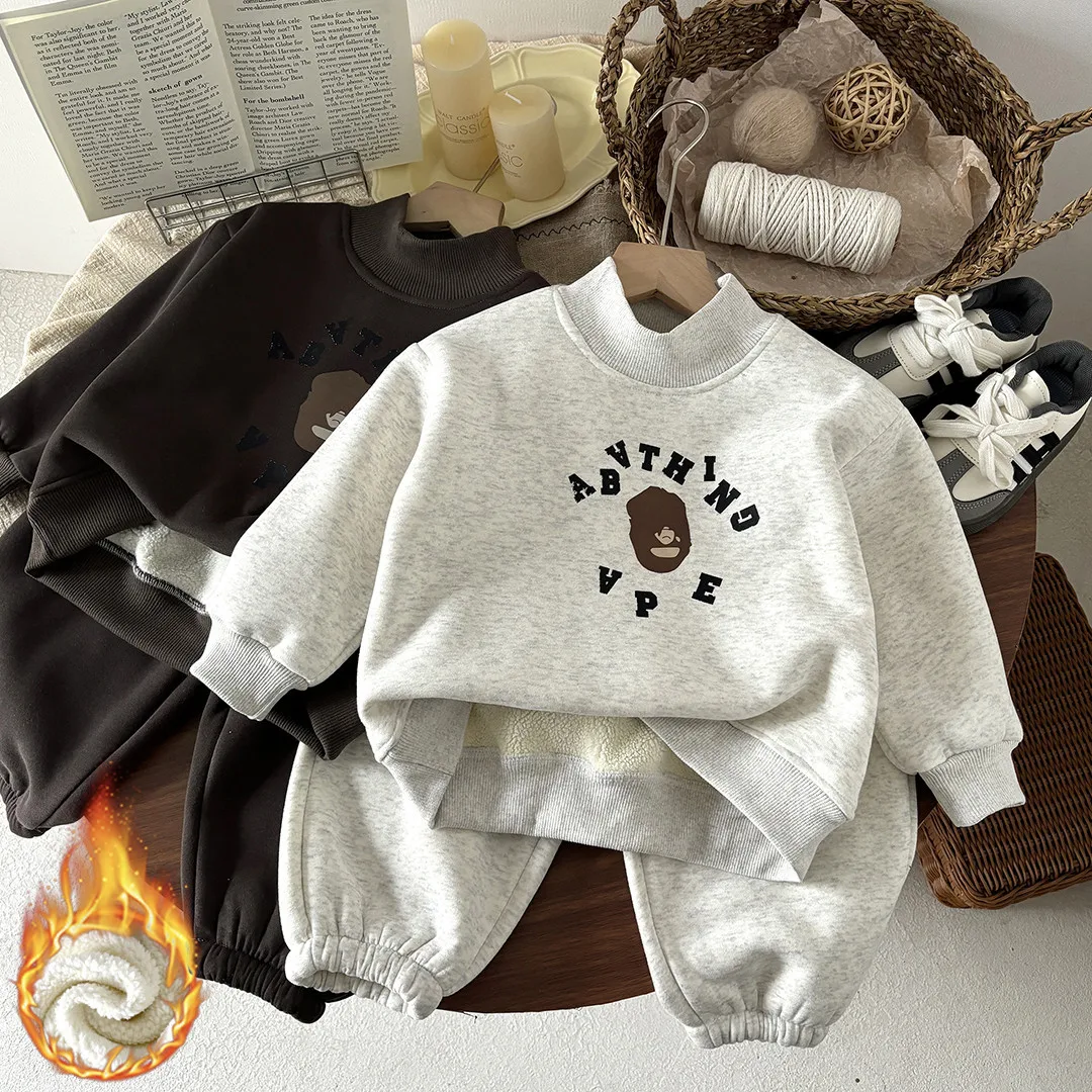 

Children's Sets Winter Fleece Thickened Warm Cotton Sweater Pant Two-piece Set Cartoon Bear Boys' Girls' Children's Clothing)