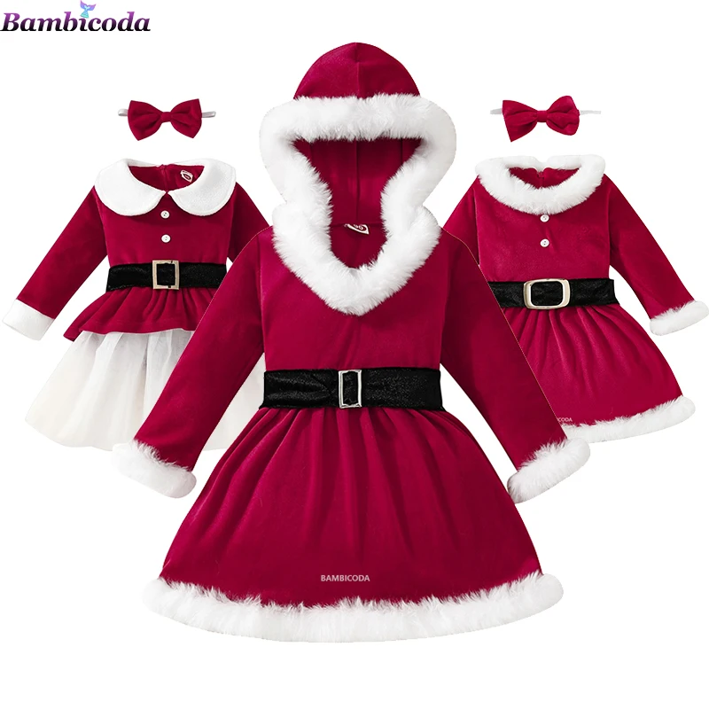 Baby Girls Christmas Hooded Dresses Santa Claus Long Sleeve Winter Red Xmas Party Princess Dress Kids Christmas Disfraz Vestido