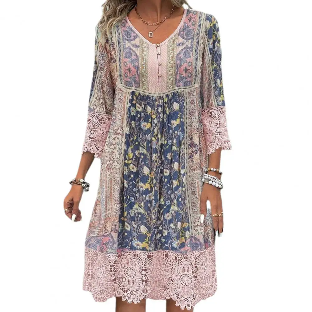 Sommer Midi Kleid Blumen druck Kleid Bohemian Stil Blumen druck Midi Kleid mit Spitze Patchwork V-Ausschnitt Knöpfe Frauen Retro