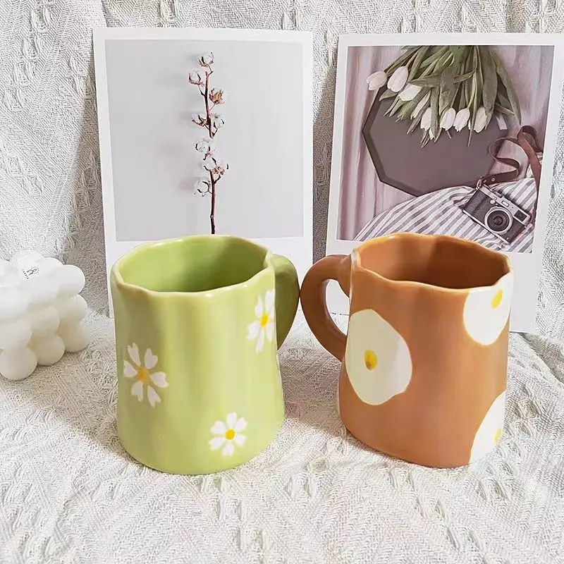 Korean Style Hand Pinched Mug Cup Hand Painted Not Specification Small Daisy Ceramic Cup Milk Cup Breakfast Cup Couple Cup