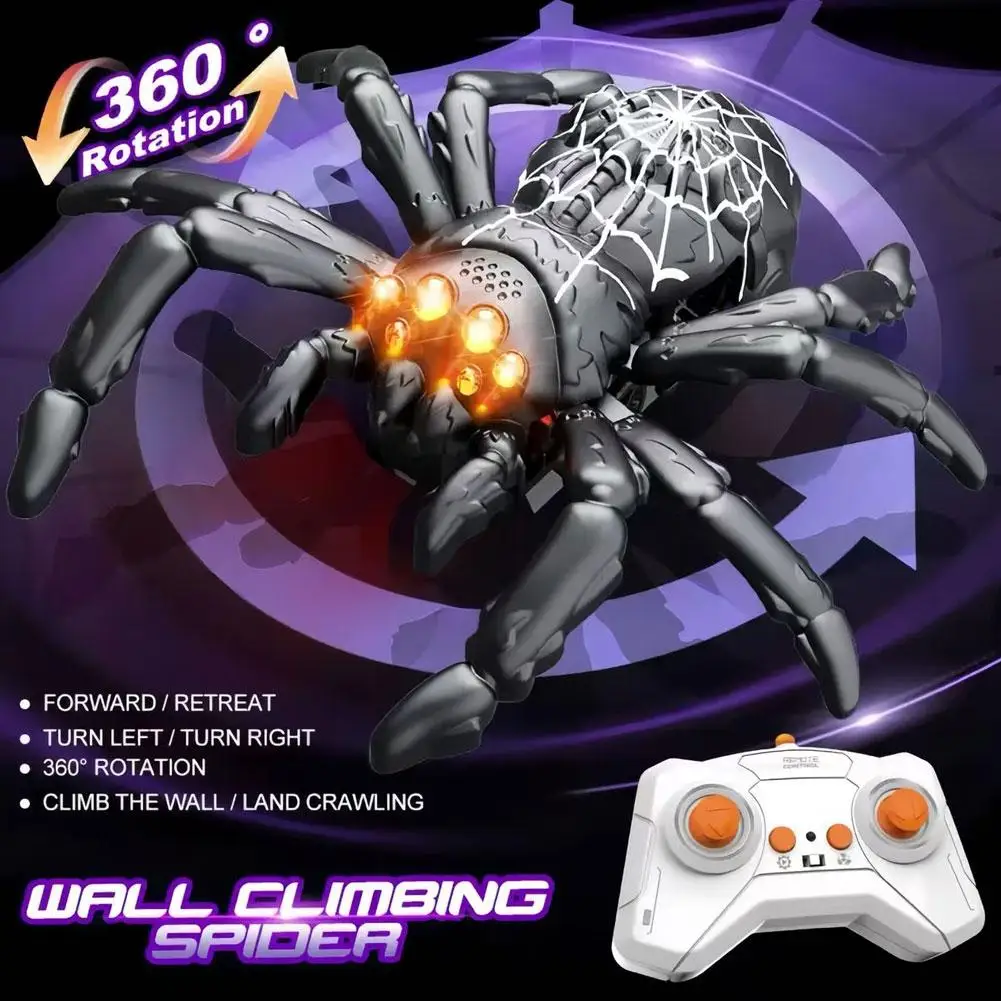 แมงมุมปีนกำแพงบังคับวิทยุแบบชาร์จไฟได้ พร้อมไฟ ของเล่นสัตว์แมงมุมสำหรับฮาโลวีน