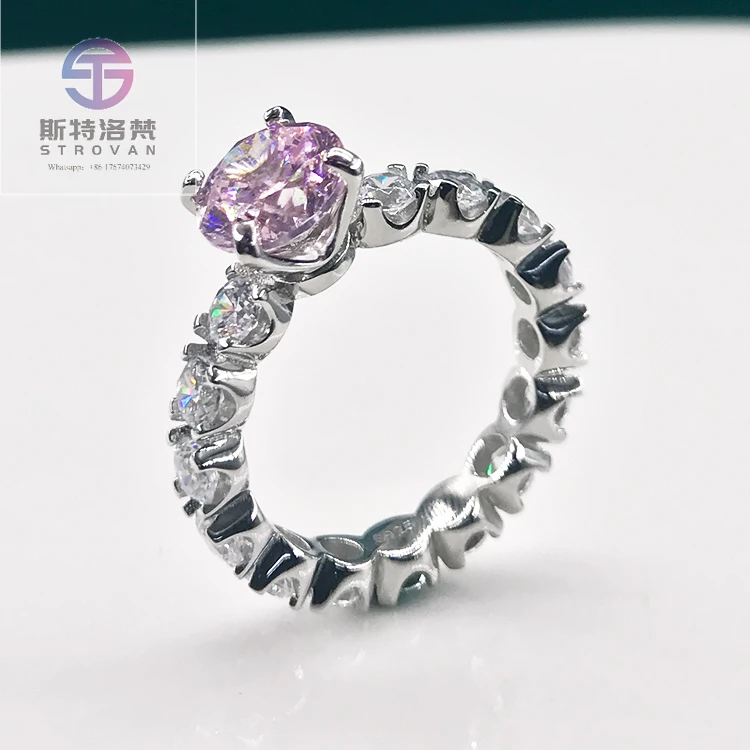 

Women Couple Rings Diamond Cutting Fine Sterling Silver Tennis Ring Beautiful Pink Gemstone Inlay Rings