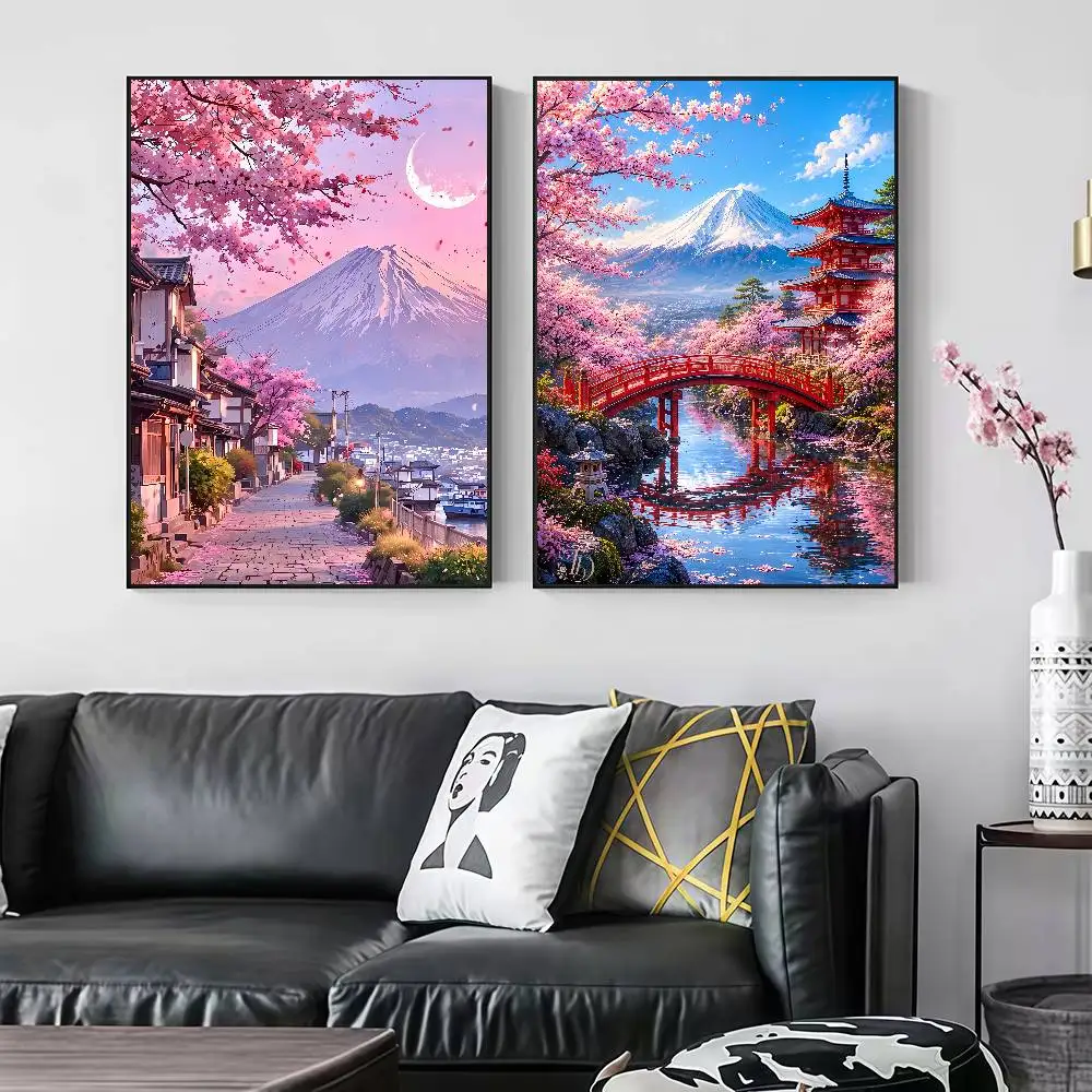 Japanese Cherry Blossoms At Mount Fuji Peelable Self-adhesive Poster Stickers Are Suitable For Frameless Wall Decoration In A Ro