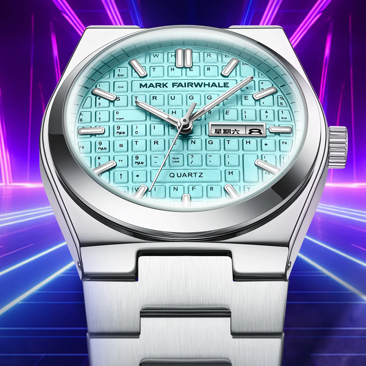 

Mark Fairwhale Original Blue Watch Men Business Quartz Watch With Calendar Week Fashion Keyboard Literal Design Wristwatch Male