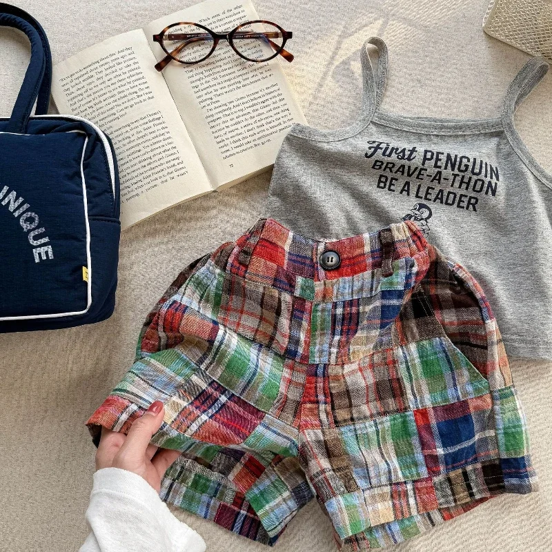 2025 Summer New Color Blocked Plaid Cotton Breathable Design Shorts for Children
