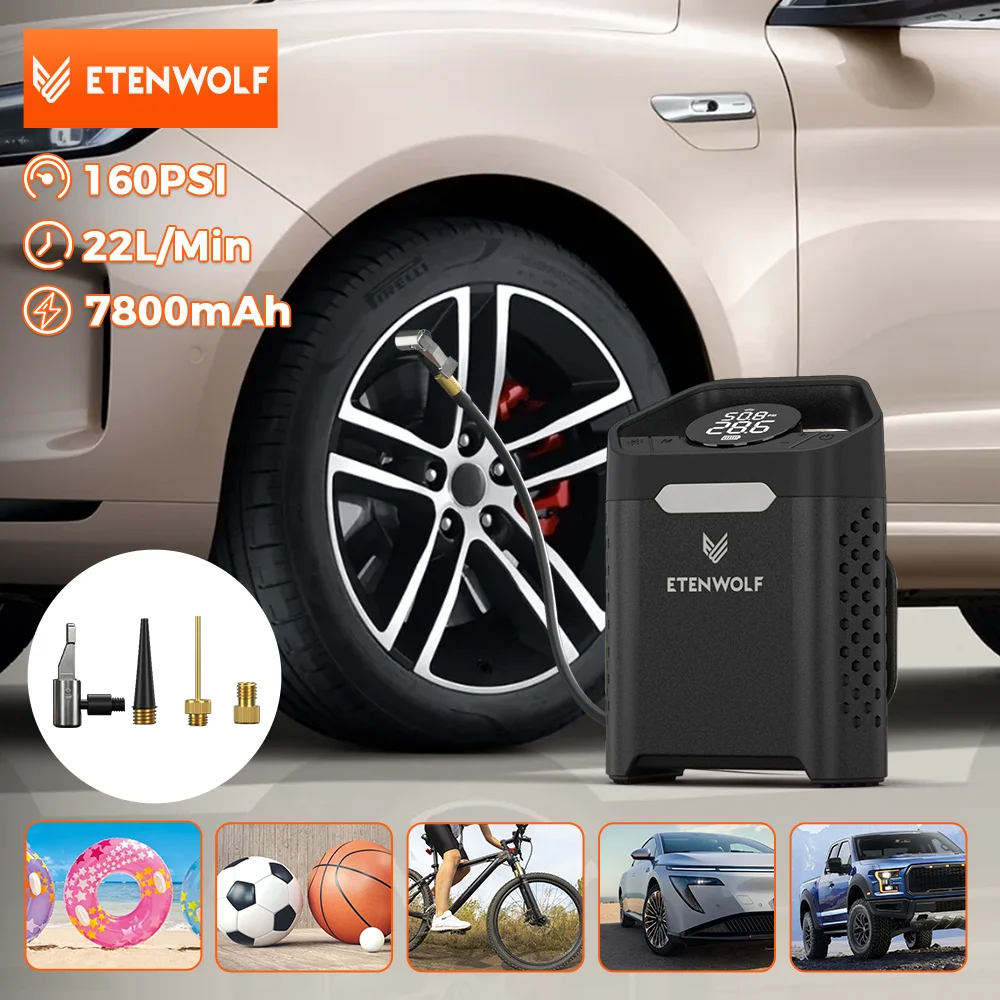 

ETENWOLF V3 Portable Tire Inflator Pump 160 PSI Car Compressor 100% Duty Cycle 7800mAh Air pump For Cars Motorcycles Bicycle