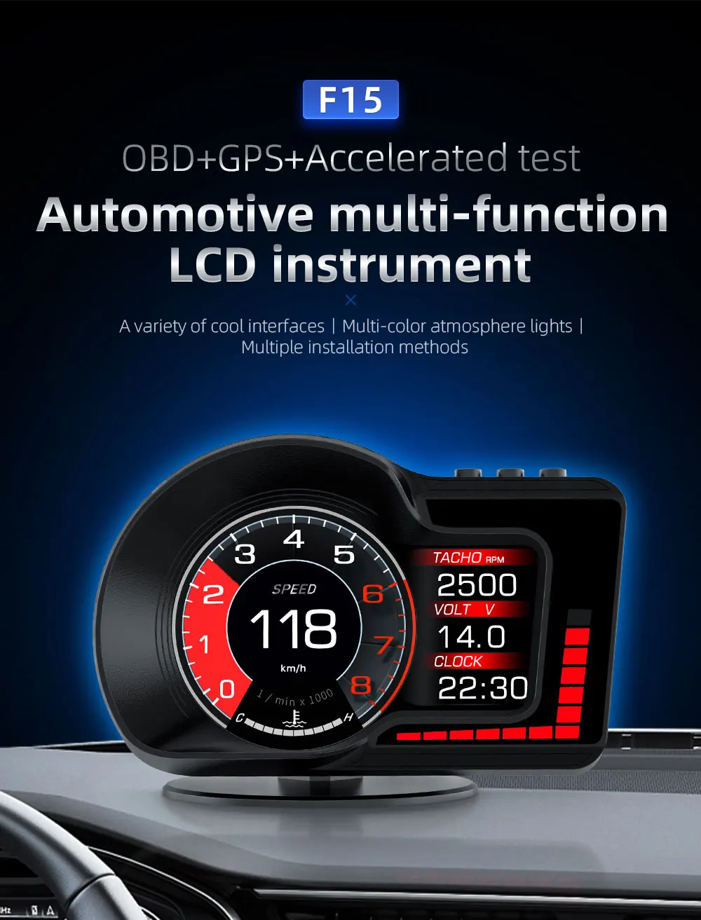 Hot Selling Multi-Language F15 OBD2+GPS Ambient light + Acceleration test 3-inch LCD GPS Speedometer HUD with 6 Alarms Function