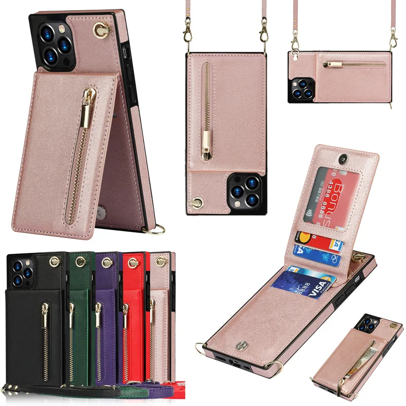 

Rope Card Holder Leather For iPhone13 Pro Case 12 Mini 11 XS Max XR 7 8 Plus 6G SE2020 Zipper Cross Body Necklace Back Cover