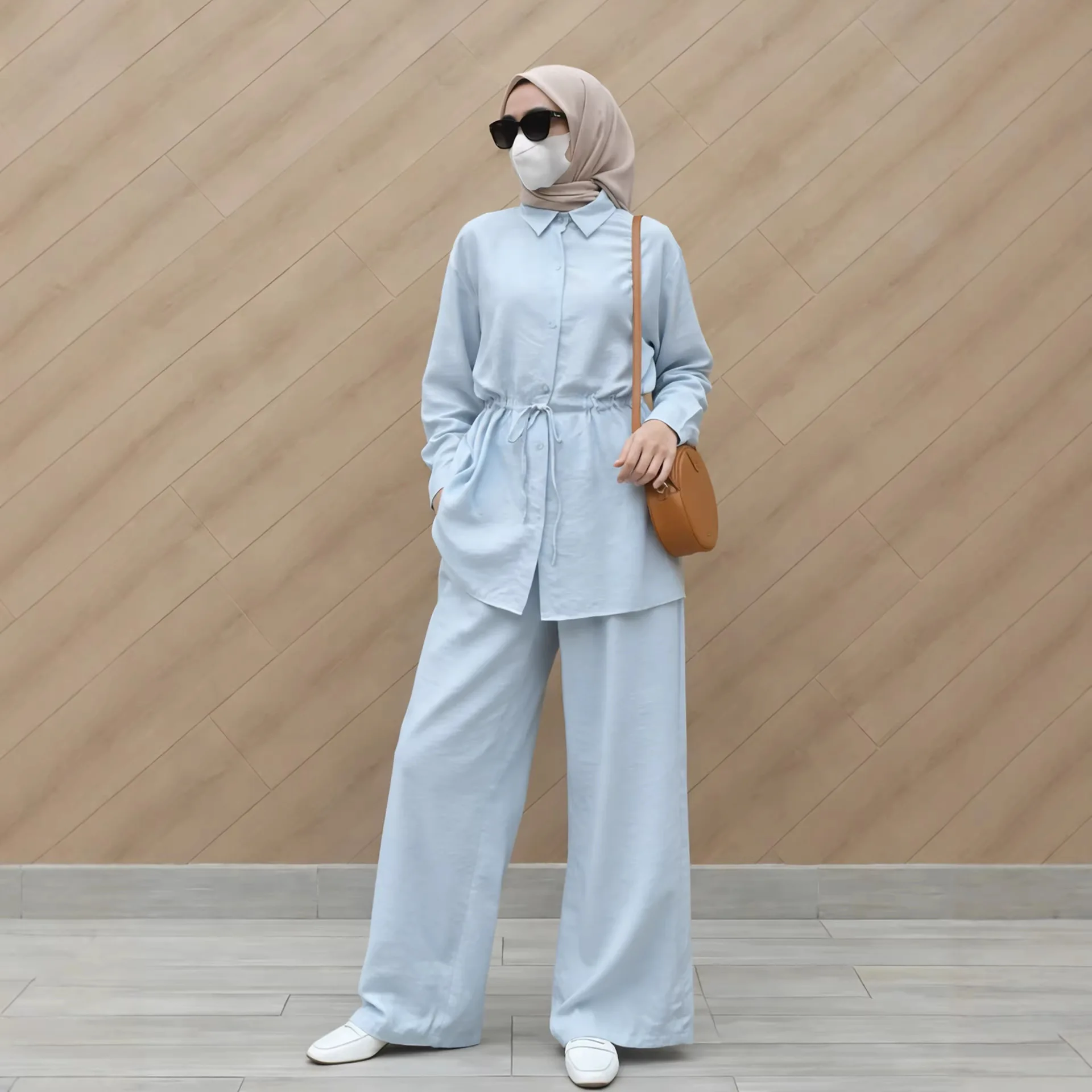Modest Muslim 2 Piece Set Women Long Sleeve Drawstring Shirt Wide Leg Pants Turkey Kaftan Islamic Clothing Tracksuit Ensembles