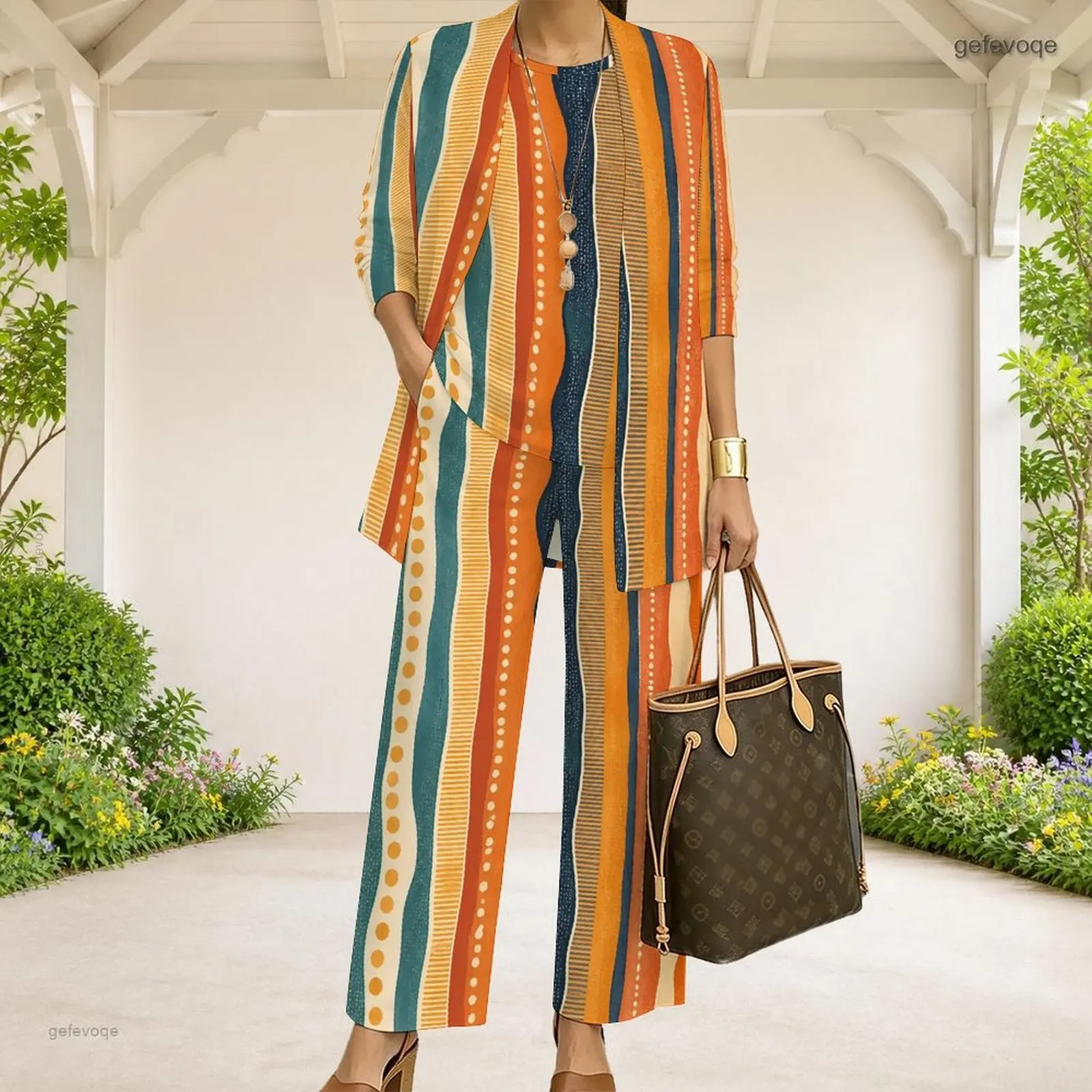 Women Abstract Printed 3 Piece Pants Set 3/4 Sleeve Open Cardigan Top and Long Pants