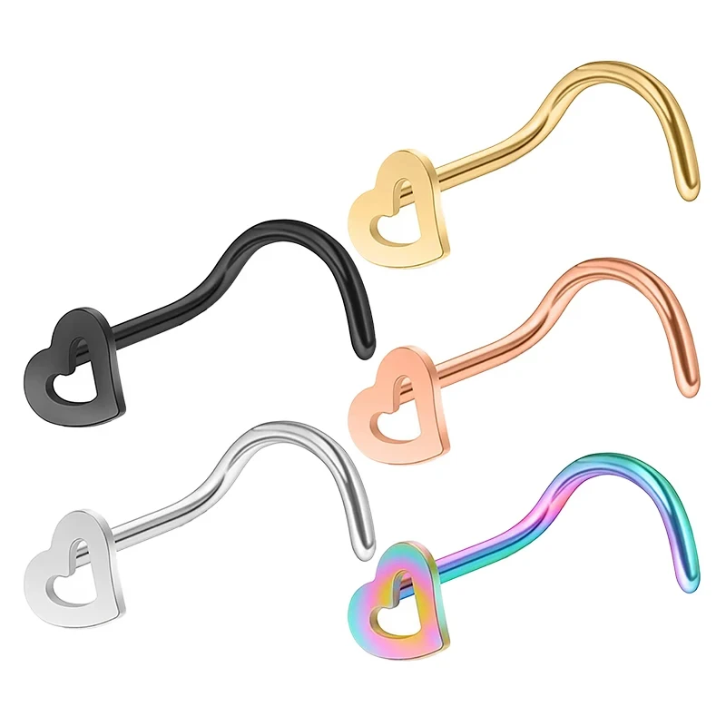 1PC Hollow Stainless Steel Heart Nose Studs Nose Hooks Bone Studs S Curved Nostril Body Piercing Multicolor Nose Rings Jewelry