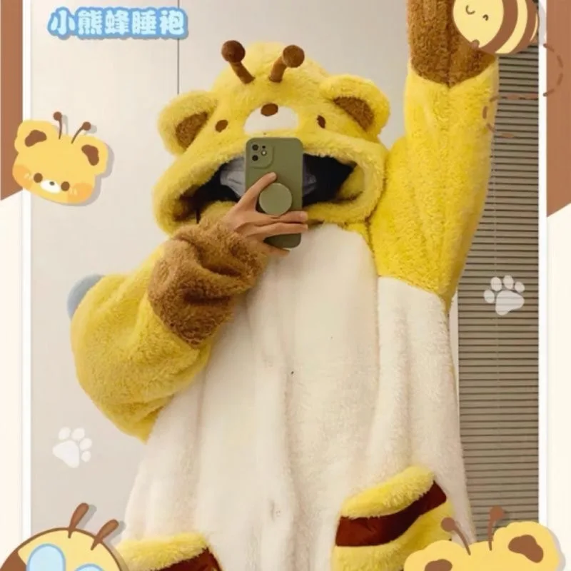 Cartoon Honeybee Plush Pajamas Robes Kigurumi Unicron Anime Flannel Nightgown Winter Night Dress Halloween Party Cosplay Costume