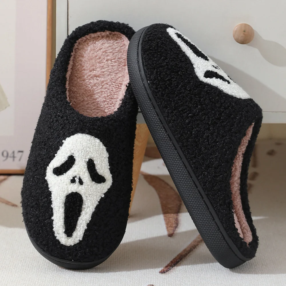 Halloween Cotton Slippers For Women Pumpkin Ghost Bat Soft Plush Non-Slip Shoes For Home Party And Winter