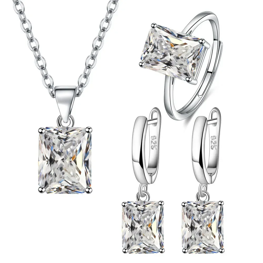 Women's 925 Sterling Silver Elegant Ring Earrings Necklace Set
