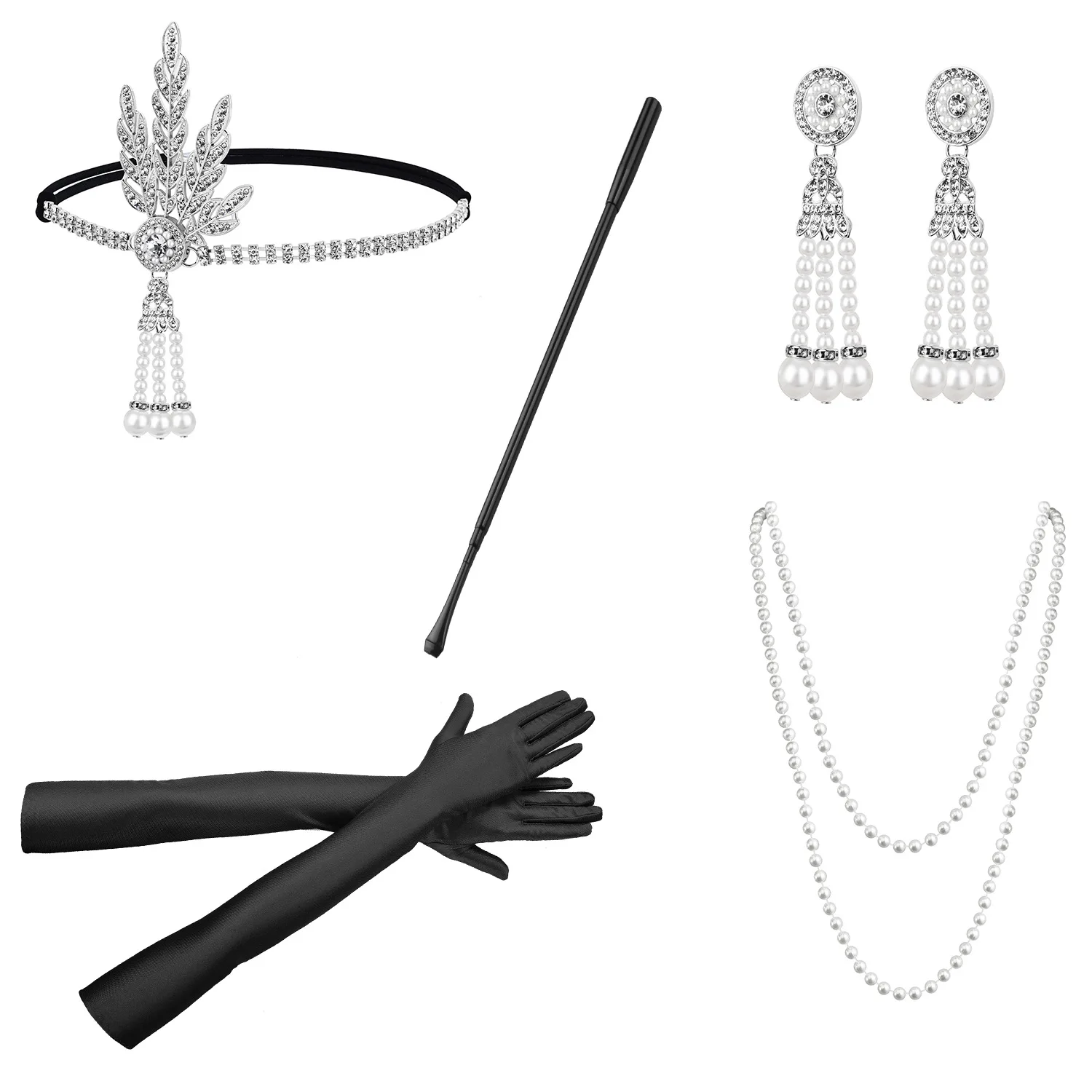 Headband Pearl Necklace 1920s Masquerade Party Accessories Women Great Gatsby Party Feather Alloy Long Smoke Rod Glove Set