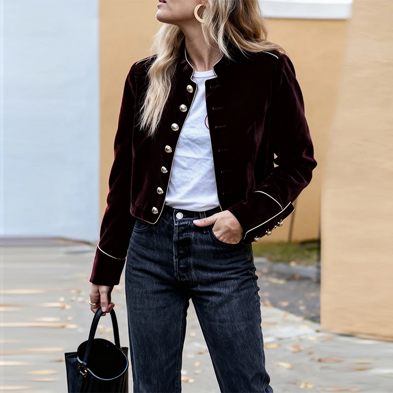 

Modigirl Women's Velvet Wine Red Jackets 2025 Autumn Winter Coat Long Sleeves Stand Collar Buttoned Casual Outerwear for Woman