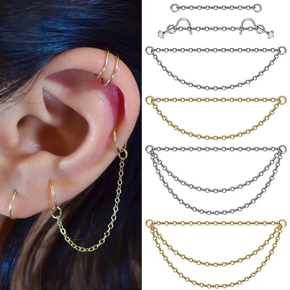 Cadena de titanio de moda para nariz, doble cadena de 25-50mm, cadena labret de tres capas, joyería DIY para piercing de Daith, oreja y nariz