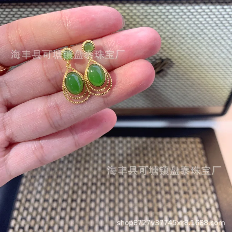 Natural Hetian Jade Russian Jasper Design National Style Ear Studs S925 Silver Inlaid