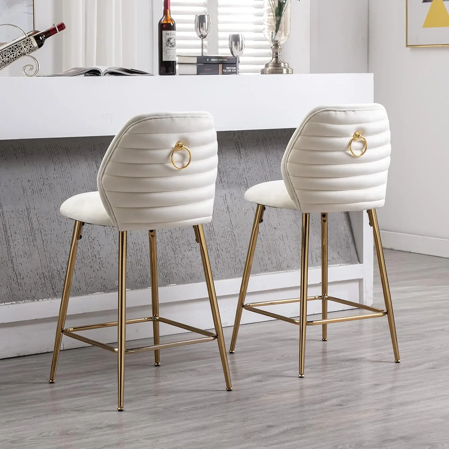 Modern 26” Velvet Gold Bar Stools Set of 4, Upholstered Bar Stools with Footrest and Backrest Kitchen Island Counter Stools High