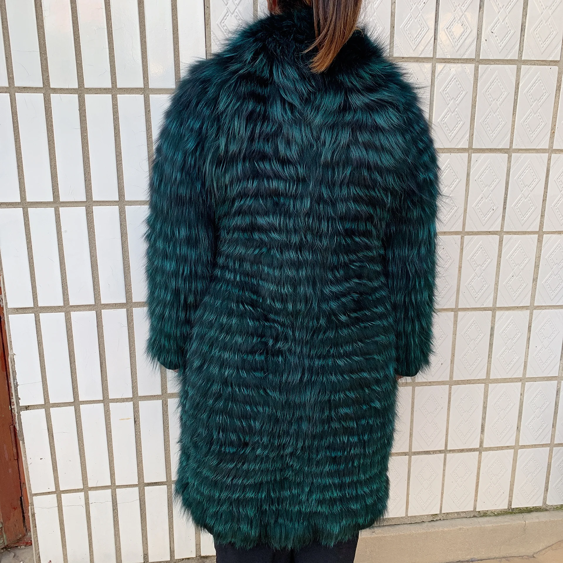 Natural silver fox fur knitted car strip fox fur coat green real fur knitted row strip fur coat stand-up collar fashion jacket