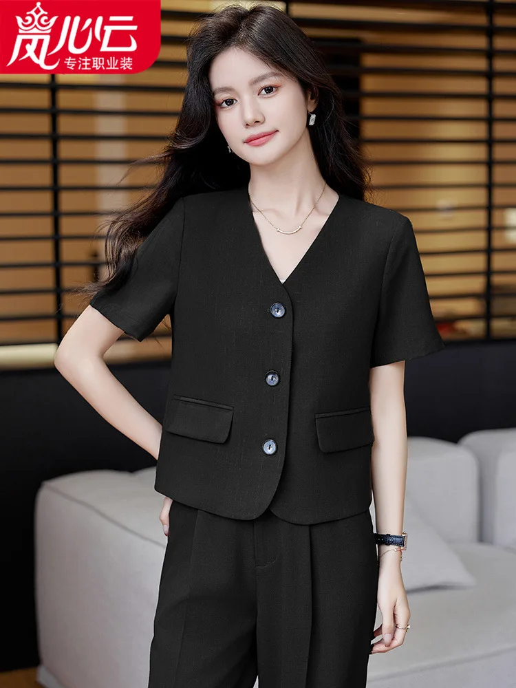 2024VCollar Casual Fashion Set Women's Summer Short Sleeve Western Retro Style Short Fashionable Business Suit