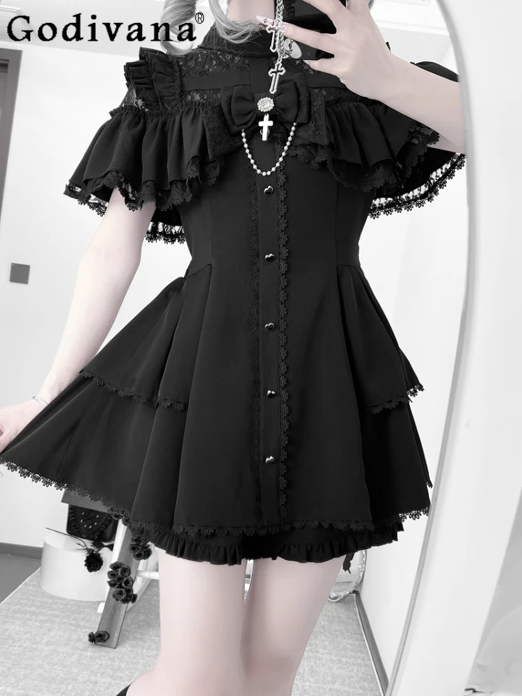 

Original Japanese New Mine Bow Lace Dress Set Subculture Gothic Y2k Short-sleeved Top Shorts 2-piece Set Lolita Womens Outifits