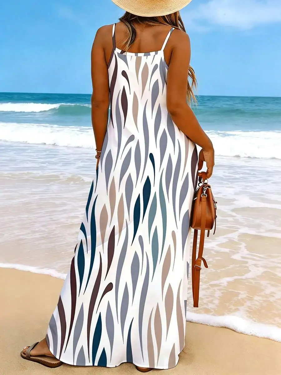 

Plus Size Women Summer Sleeveless Maxi Dress Abstract Leaf Print V Neck Spaghetti Strap Beach Casual Outfit