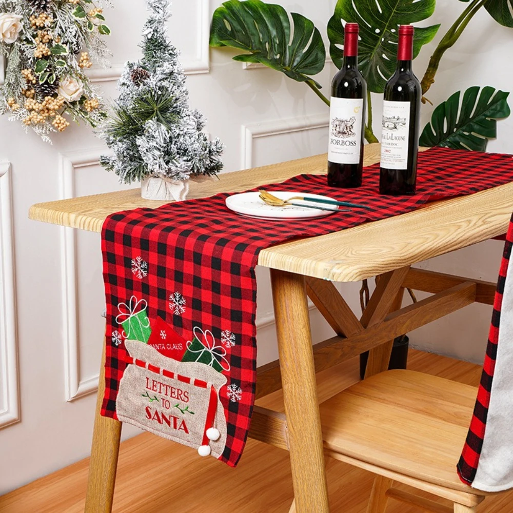 

1pc Decorative Table Runner Christmas Embroidered Black Red Checkered Table Flag Home Dining Table Decoration New Year Gift