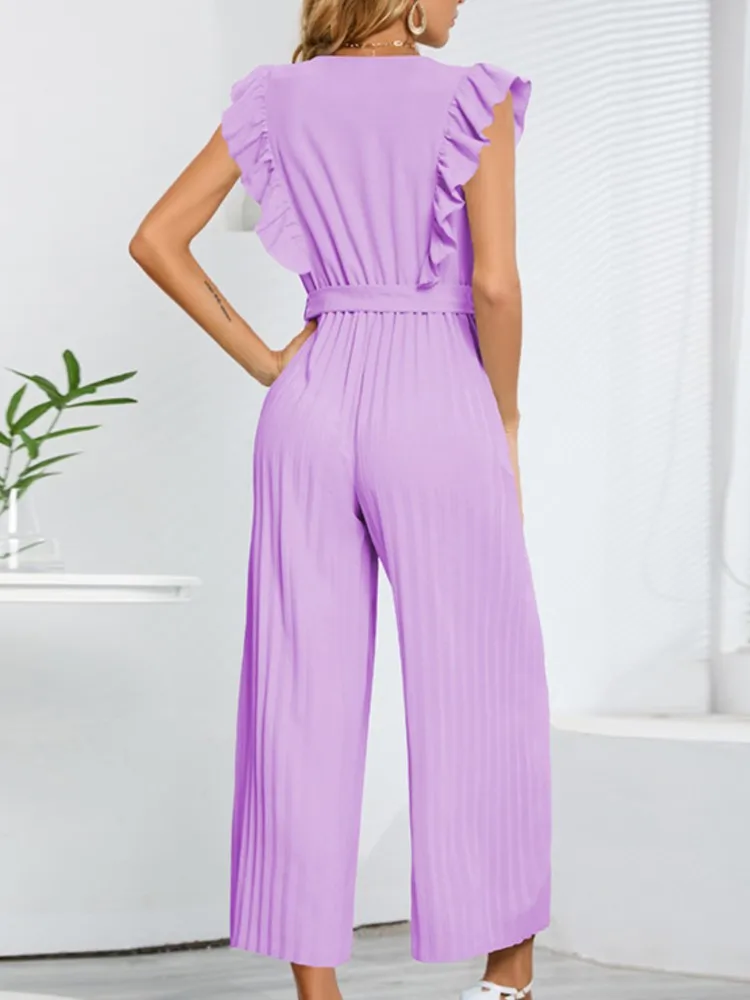 Women\'s Jumpsuit Long Pants Flying Sleeve V-neck High Waist Belt Cropped Fold Pants Solid Color Temperament Fashion Women\'s Wear