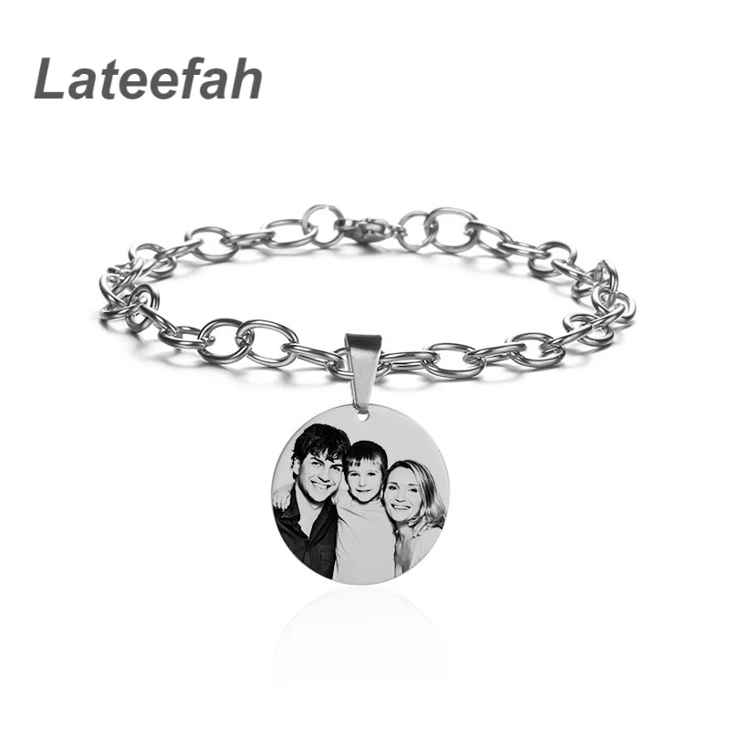 Lateefah Personalised Pulseras De Hombre Stainless Steel Customised 20cm Heart Round Rectangle Charm Engraved Photo Men Bracelet