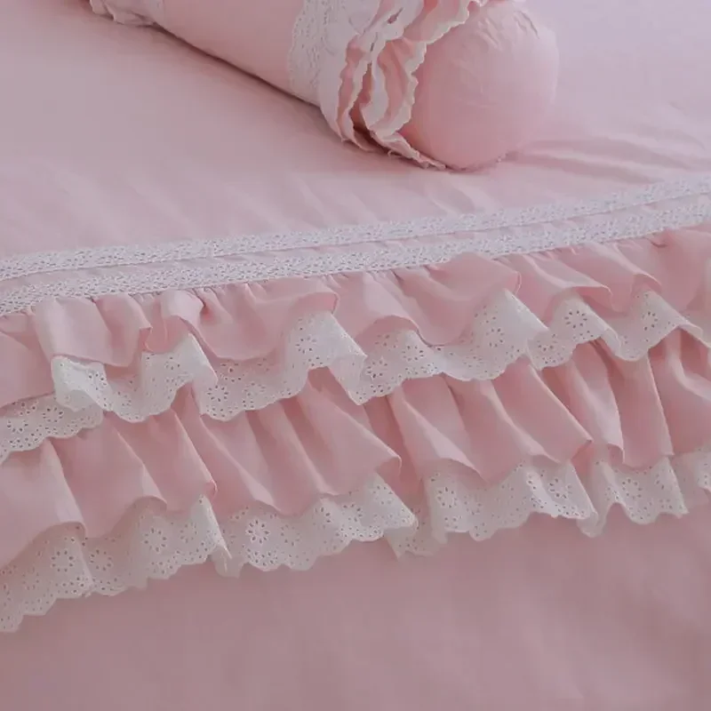 Amazing luxury bedding set pink queen lace ruffle lace duvet cover bedspread bedskirt princess bed linen pillow case HM-010P