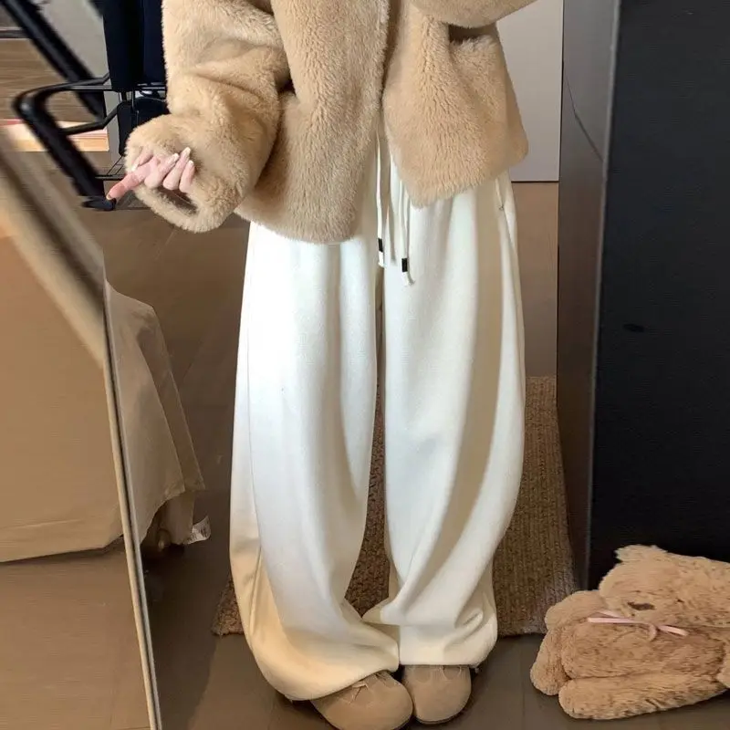 

Повседневные брюки на флисовой подкладке, зимние широкие брюки с изогнутым подолом, драпированные ретро, ленивый стиль, женские модные брюки для домашней прогулки, широкие брюки