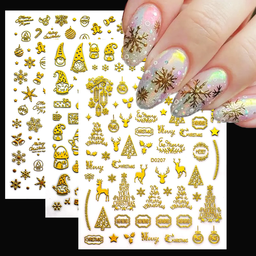 3D Goldern Bronzing Snowflake Christmas Nail Sticker 8x10cm New Year Snowflake&Snowman Nail Decal Self Adhesive Snowflake Slider